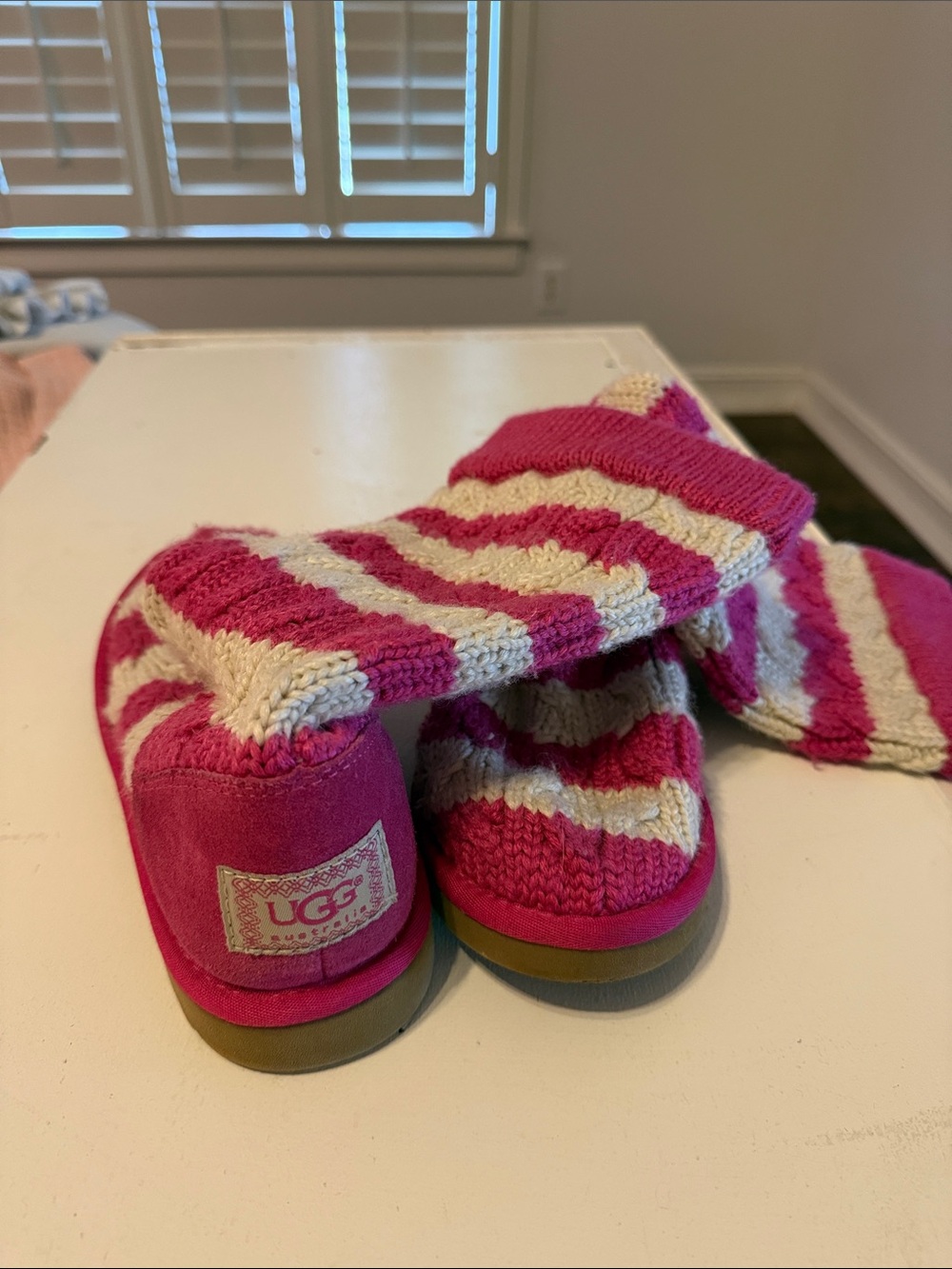 UGG Kids Hot Pink & Cream Striped Knit Slippers